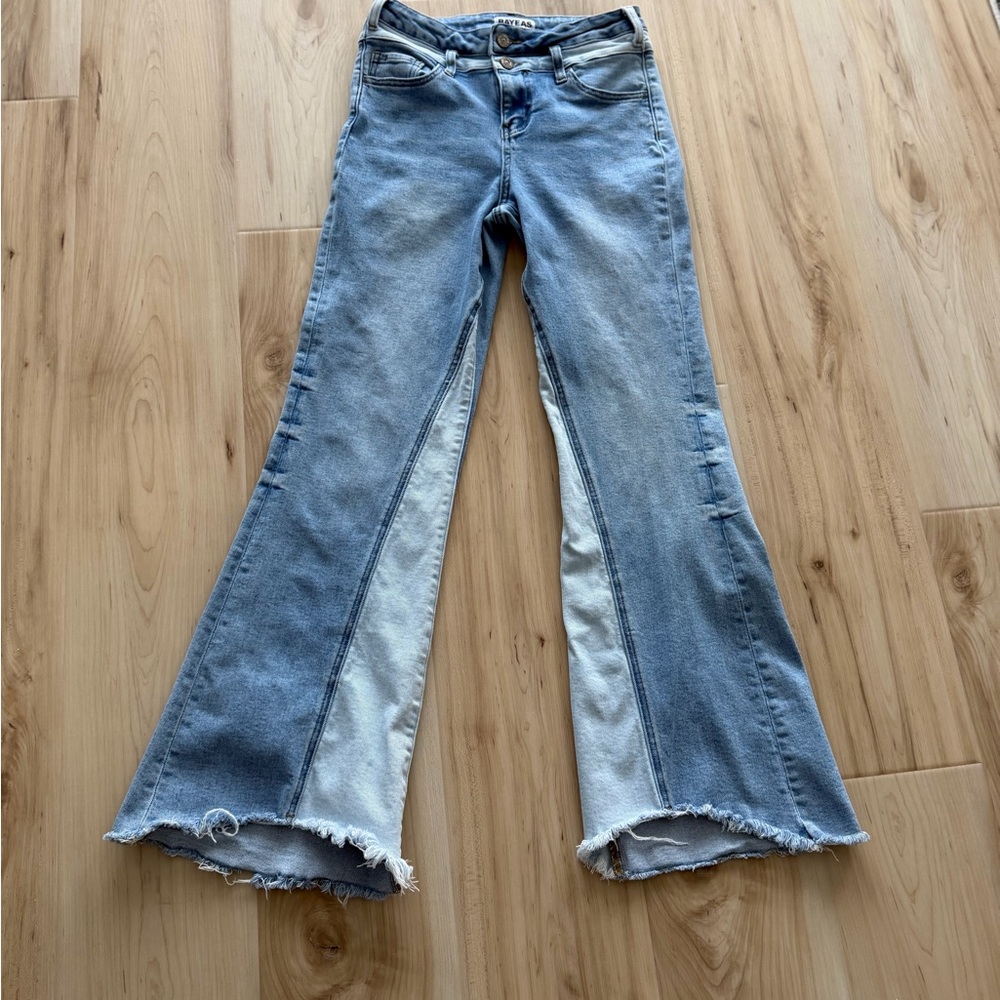 Bayeas High Rise Flare Jeans with Raw Hem Light Blue Two Tone Color Block Sz 27